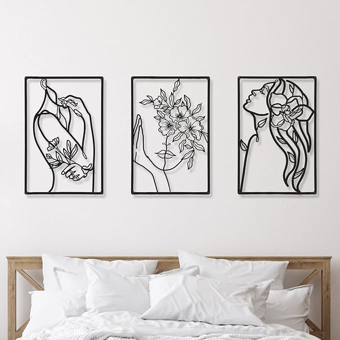 CHENGU 3 Pieces Minimalist Metal Wall Art Decor, Abstract Woman Line Art Wall Decor, Modern Metal Sculpture for Living Room Bedroom Bathroom Apartment Aesthetic Home Decoration