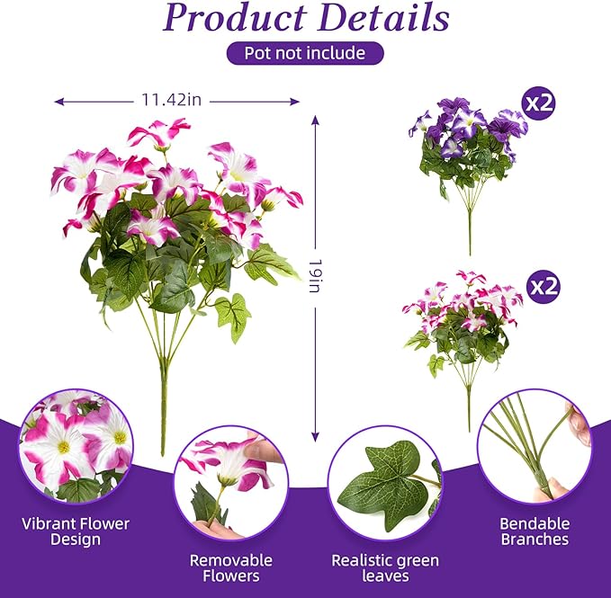 FULLMUSIC Spring Artificial Flowers for Outdoors, UV Resistant Fake Morning Glory, Look Real Faux Silk Plants for Front Door Garden Porch Planter