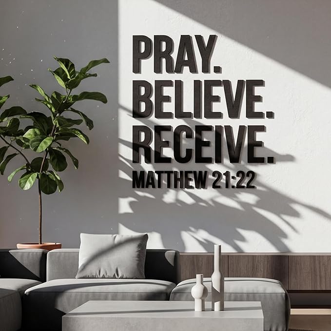 AceOrbit Christian Bible Verses Wall Art Decor Pray, Believe, Receive, 39.4" x 34.9" Wooden Religious Scripture Jesus Wall Decor 3D Letters Hanging Prayer Decoration for Church Home