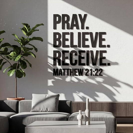 AceOrbit Christian Bible Verses Wall Art Decor Pray, Believe, Receive, 39.4" x 34.9" Wooden Religious Scripture Jesus Wall Decor 3D Letters Hanging Prayer Decoration for Church Home