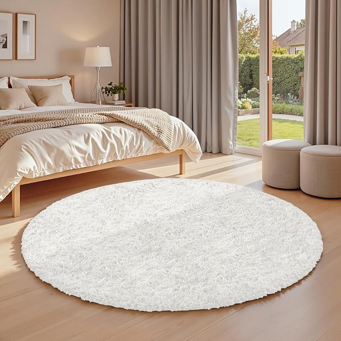 White Round Fluffy Rug 6ft,Soft Bedroom Circle Rugs Mats for Kids Girls Nursery Room,Washable Plush Shaggy Indoor Non Slip Rug for Bedside Living Room Bedroom Circular Carpet,Home Decor Aesthetic