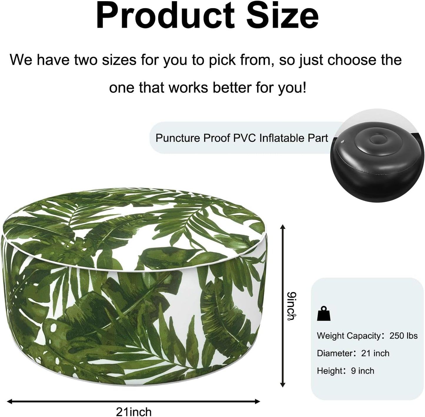 Inflatable Ottoman Stool D21 xH9 for Outdoor/Indoor Use, Water Repellent Patio Foot Rest Stool with Portable Handle,Round Pouf Ottoman Suitable for Garden,Deck and Camping - Palm Green