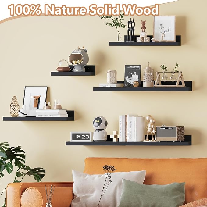 Floating Shelves for Wall Set of 5,Black Floating Shelves bathroom,30 Inch Natural Wood Book Shelf for Wall Mounted,Home Decor Display Shelving,Storage Shelves for Living Room,Bedroom,Kitchen