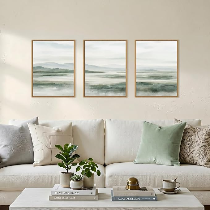HOURIA Large Watercolor Misty Green Mountain Framed Canvas Wall Art,Neutral Brush Stroke Wall Decor,Modern Landscape Artwork,Nature Minimalist Art Print for Living Room,Bedroom,Office-12 x16 x3