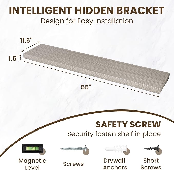 55 Inch Floating Shelves for Wall,12 Inch Deep Wall Shelves for Bathroom,Living Room,Bedroom,Kitchen,Decor,Floating Shelf with Invisible Heavy Duty Metal Bracket,Deep Long Shelf Wall Mounted,Grey