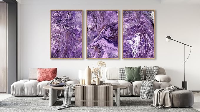 Large Canvas Wall Art for Living Room Natural Wood Float Framed Art Set of 3 Purple Abstract Pictures Minimalist Artwork Canvas Prints for Bedroom Home Office Wall Decor 24X36inX3pcs