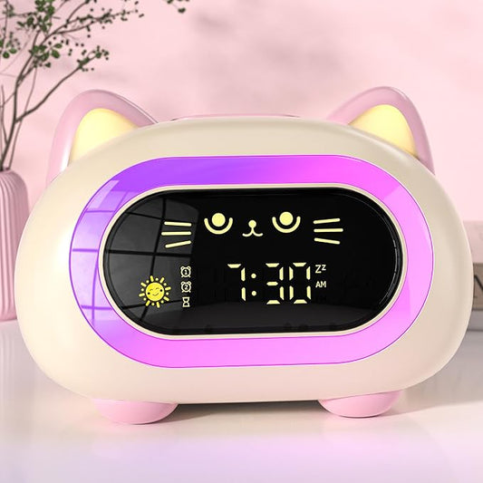 ANALOI Alarm Clock for Kids, Kids Alarm Clocks for Girls with Sleep Training Dual Alarm Eye Protection Auto Off Timer 10 Color Night Light, Cat Ok to Wake Clock, Gifts for Kids Girls