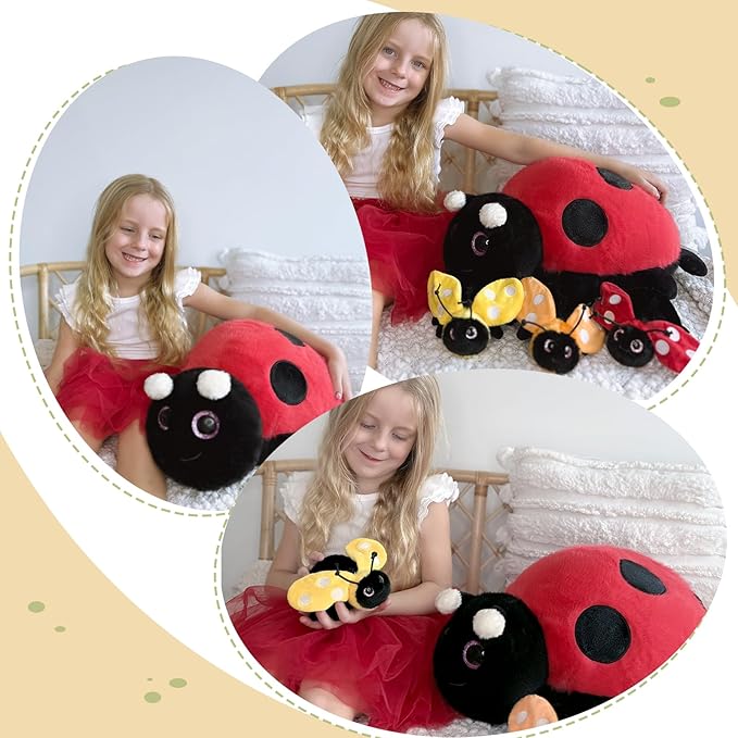 MaoGoLan 4Pcs Ladybug Stuffed Animal,Kawai Mother Ladybird Plush Toys Pillow with 3 Small Baby Lady Beetle Plushie Gift for Insect Lover,Decorations,Party Favor,Baby Shower,Glow-in-Dark Design