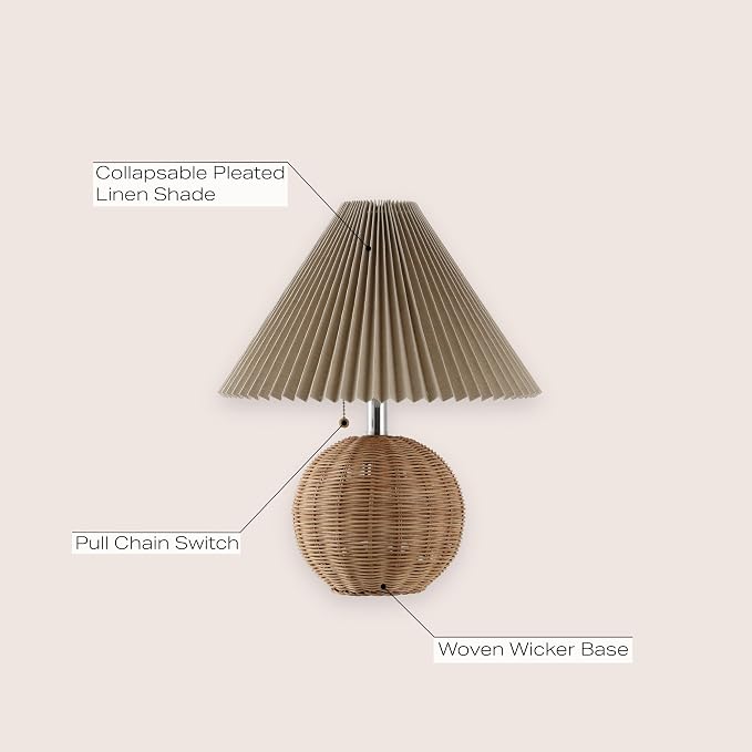 JONATHAN Y 17.25" Natural/Chrome/Dark Beige Sphere Table Lamp, Mid-Century Bedside Nightstand with Beige Pleated Linen Shade, Scandinavian Coastal Style, LED Bulb Included (JYL1145C)