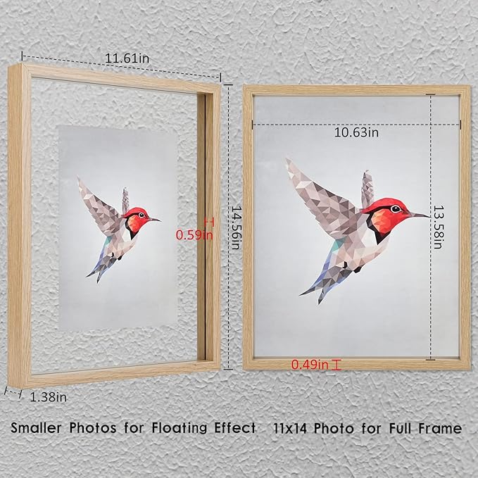 MUYE 11x14 Floating Frame Set of 2,Double Glass Rustic Frame,Display Any Size Photo up to 11x14,Wall Mount or Tabletop Standing,Natural
