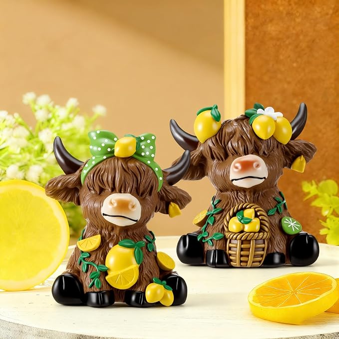 Wesiti 2 Pcs Lemon Highland Cow Figurines Summer Highland Cow Gnomes Scottish Resin Statue Calf Lemon Gifts for Spring Home Garden Kitchen Office Tiered Tray Table Decor