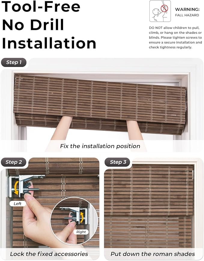 UNISHADES No Drill Cordless Bamboo Roman Shades, 34×48 in, Driftwood | Natural material, Light Filtering, Easy Install