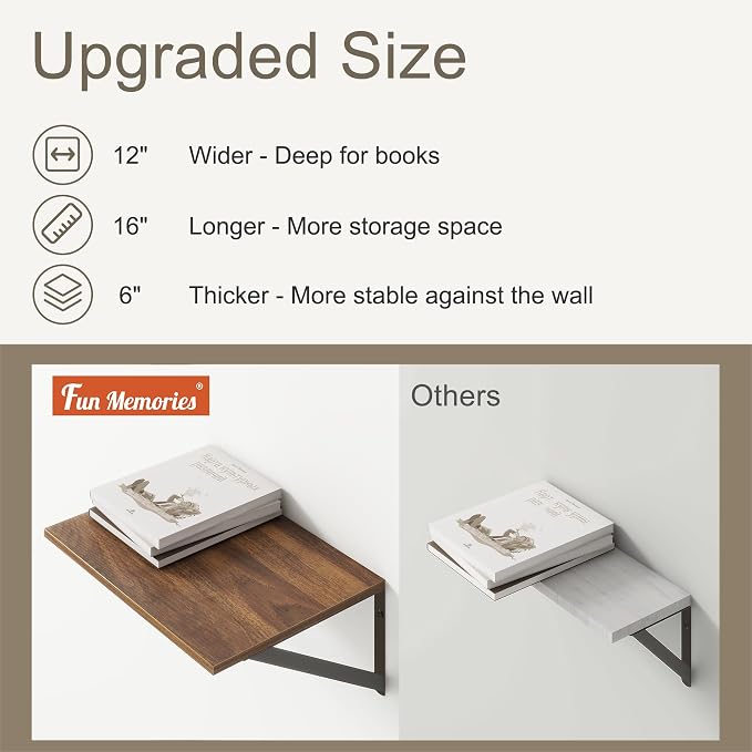 Walnut Floating Shelves Set of 2 - 16"W x 12"D Wide Display Ledges for Bedroom, Bathroom - 12 Deep Bookshelf Wall Mounted