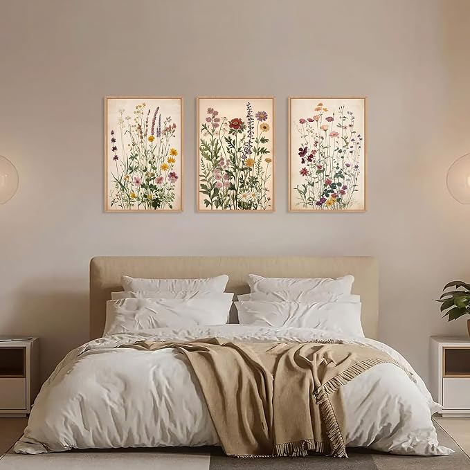 Vintage Wildflower Watercolor Framed Canvas Wall Art Set, Retro Flower Botanical Wall Decor, Colorful Floral Wall Painting, Flower Illustration Art Prints for Living Room, Bedroom 16"x24"x3