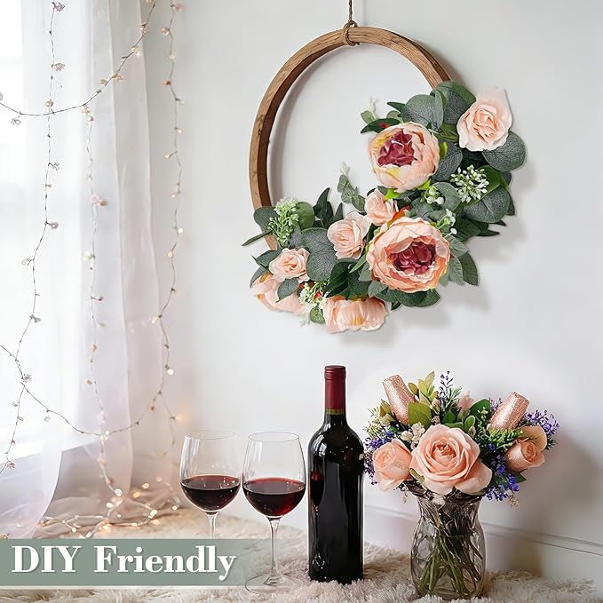 2 Pack 13Ft Artificial Eucalyptus Floral Garland with 16 Flowers Vintage Peony Rose, Pink Fake Flower Greenery Spring Garland Floral Vines for Mantle Wedding Arch Home Table Runner Backdrop Decor
