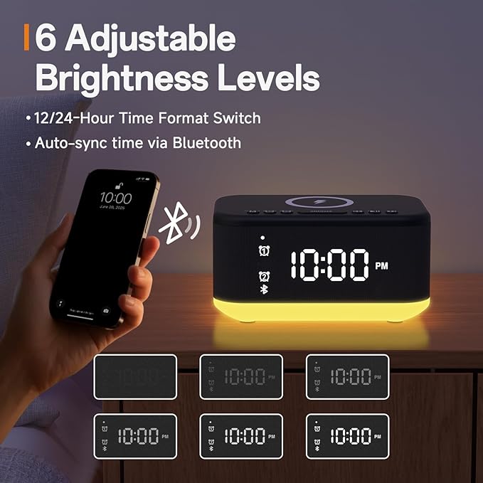 Wireless Charging Alarm Clock Bedroom, Digital Alarm Clocks Bedrooms Bluetooth, Loud Bluetooth Speaker Alarm Clock Night Light Dual Alarm Snooze 12/24H Dimmer Bluetooth AUX USB Charging, Black