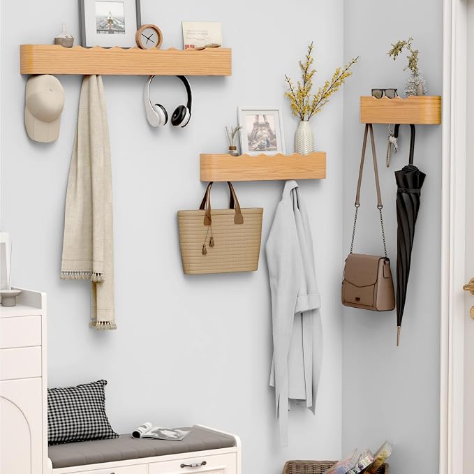 Coat Rack Wall Mount with Hidden Hooks, Wall Hooks with Shelf, Wall Key Holder Mount Wooden Shelf Entryway Hooks for Bedroom Bathroom for Hanging Coats Hats Bags Towels (Oak Wave-Shape, 8 Hooks)