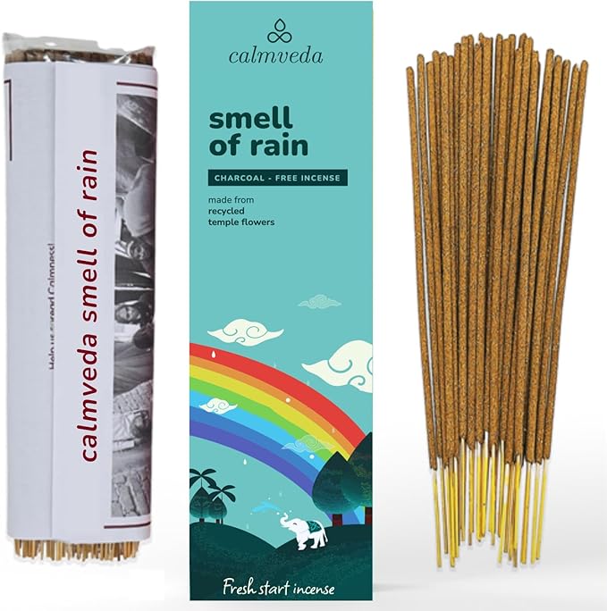 CALMVEDA Fresh Rain Incense Sticks - (80 Scent Sticks) Charcoal Free, Made from Upcycled Flowers | Like Petrichor Aroma of Rain Soaked Earth | Relaxing Scents for Meditation Incense
