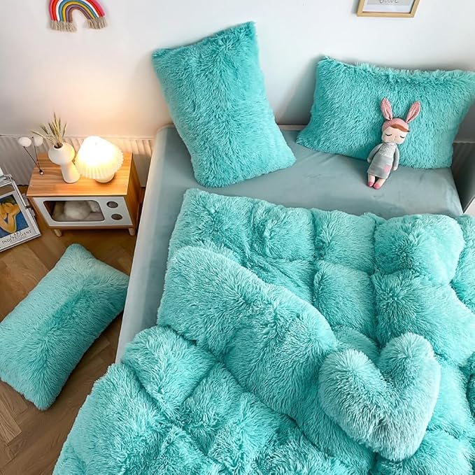 chovy Faux Fur Plush Sky Blue Comforter Sets Queen - Ultra Soft Shaggy Flannel Velvet Fluffy Fuzzy 3PC Bedding Set (Comforter x 1 Pillowcases x 2)