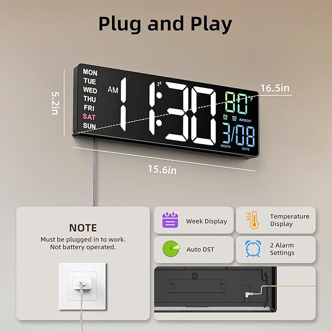 EASYERA 16.5" Large Digital Wall Clock with Anti-Glare Display, RGB Lights with 10 Scenes Mode Remote Control, Adjustable Brightness, Dual Alarms, Auto DST, BT Sync, Temperature for Living Room