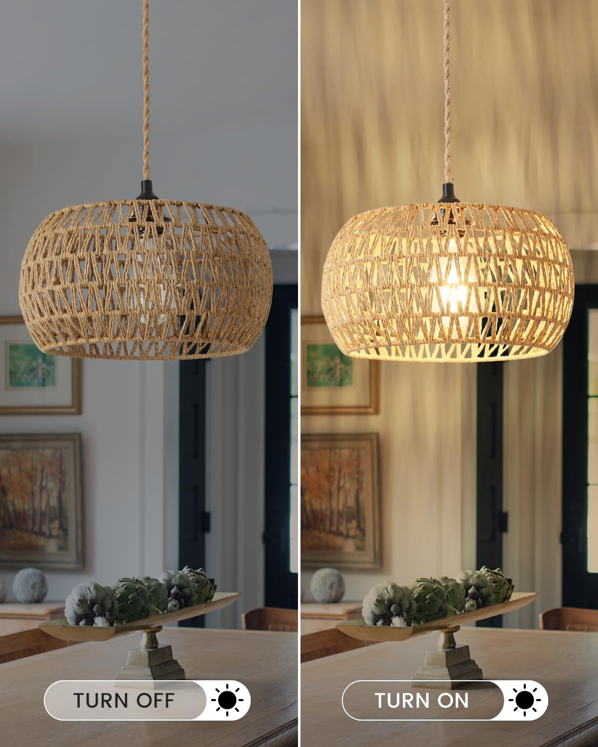 Rattan Boho Hanging Light,12.6'' Natural Hand Woven Fabric Drum Light,Plug Into Wall Outlet Pendant Light Fixture On/Off Switch for Dining,Living Room,Bedroom,Kitchen,Hallway Entryway, Without Bulb