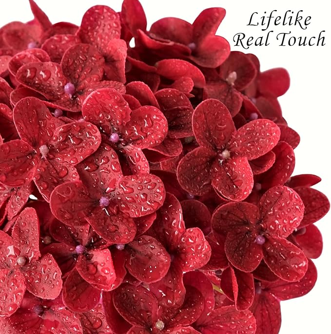 JINWOE Hydrangea Artificial Flowers, Lifelike Latex Silk Real Touch Faux Hydrangea Flowers, Artificial Hydrangeas Bouquet for Wedding Centerpieces Tables Party Home (Red)