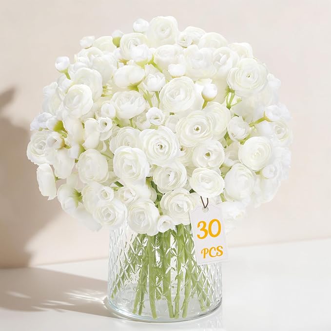 Alupssuc 30Pcs Ranunculus Artificial Flowers Faux Silk Mini Ranunculus, Spring Flowers Artificial Indoor for DIY Bouquets, Bulk Fake Wedding Filler Flowers for Bride Shower Decorations, Ivory White