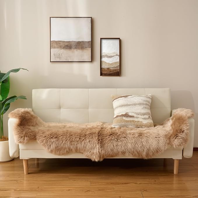 Premium Genuine Sheepskin Area Ruge - Real Wool Fur Shaggy Carpet | Fluffy Soft Natural Lambskin Rug Seat Chair Covers for Couch Sofa Bedroom Living Room(Tan,2×6 Feet Sheepskin)
