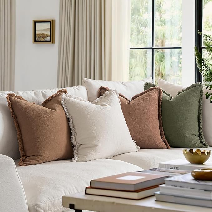 MIULEE Decorative Couch Pillow Covers Neutral Linen Fringe Throw Pillows Set of 4 Soft Rustic Cushions Boho Farmhouse Pillowcases for Bed Sofa Living Room Spring Decor 18x18 Inch Beige/Brown/Green