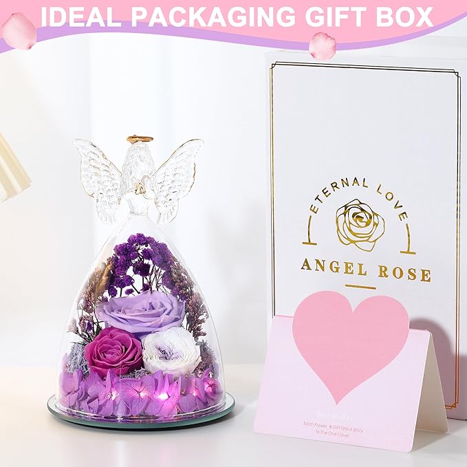 Mothers Day Rose Gifts for Women Preserved Real Flower in Glass Angel Figurines Roses for Delivery Prime Birthday Gifts for Mom Grandma Girlfriend Wife Her, Light Purple Austin Roses