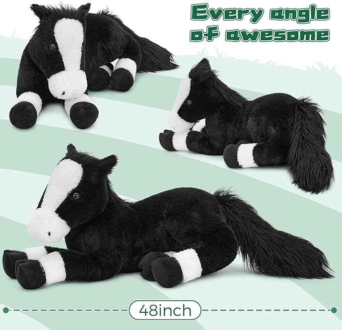 Tezituor 4ft Giant Black Horse Stuffed Animal, Realistic 47 inch Large Stuffed Horse Plush Toy for Boys Girls, Hugging Soft Pony Body Pillow Birthday Gift for Boys Girls