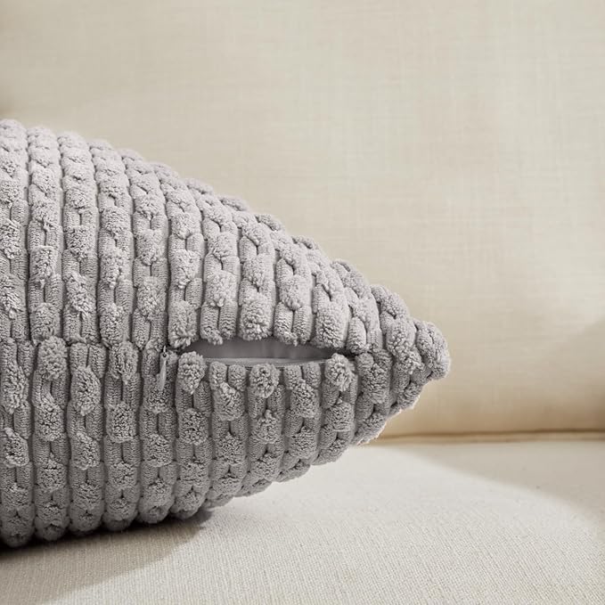 Fancy Homi Set of 2 Boho Grey Lumbar Decorative Throw Pillow Covers 12x20 Inch for Couch Bed Chair, Neutral Farmhouse Home Decor, Soft Fluffy Corduroy Rectangle Aesthetic Cushion Case 30x50 cm