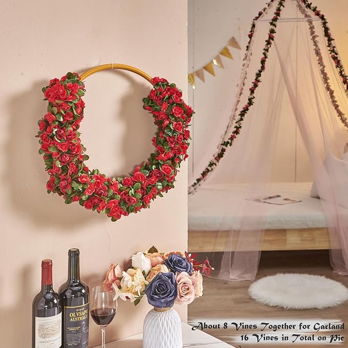 PONKING 8 Pcs x 8.2 ft Flower Garland Artificial Rose Vine Flowers with Green Leaves Hanging Fake Roses Vine for Room Party Home Wedding Birthday Christmas Wall Arch Decor, Spring Red Flower