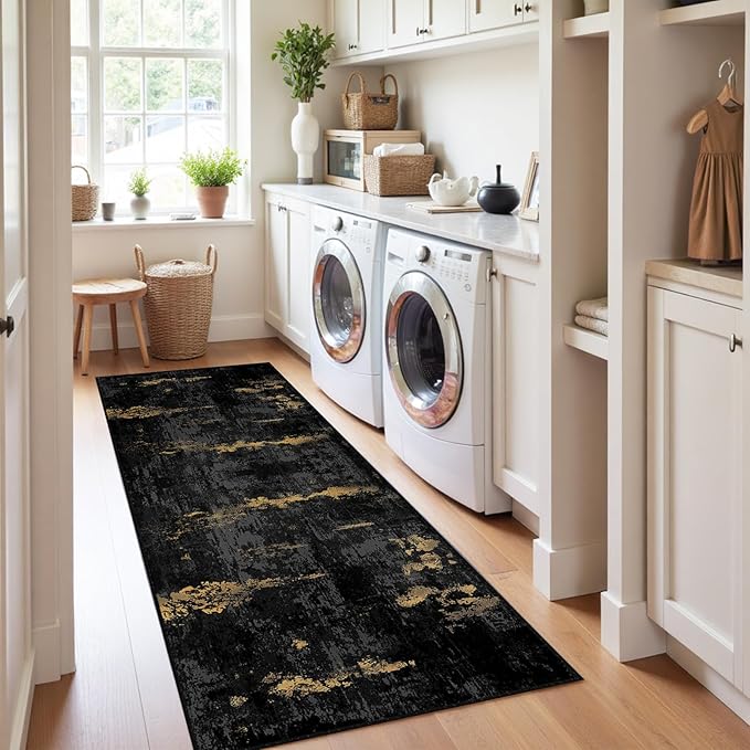 RELEANY Washable Area Rugs 2'x10' Non-Slip Modern Abstract Soft for Living Room Entryway Bedroom Nursery, Print Pattern, Dark Black Gold
