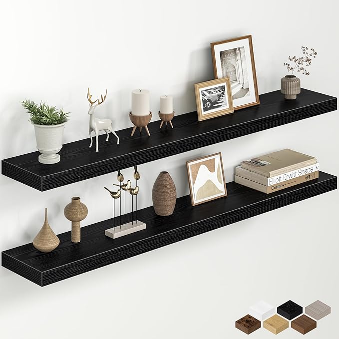 Fun Memories 48 Inch Floating Shelves for Wall, 8 Inch Deep Rustic Wood Wall Mounted Shelves with Invisible Brackets for Bathroom, Bedroom, Kitchen & Living Room Storage Decor, Black, 2 Pack