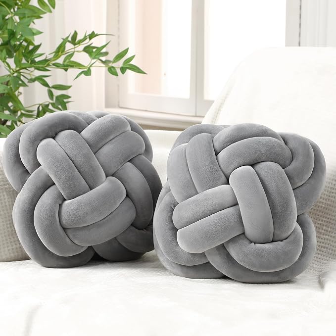 Beeveer 2 Pcs Knot Pillow Balls Set, 12 Inch Soft Decorative Throw Knot Pillow Ball, Large Square Knotted Floor Cushion for Living Room Bedroom Sofa Couch Bed Home Decoration(Light Gray)
