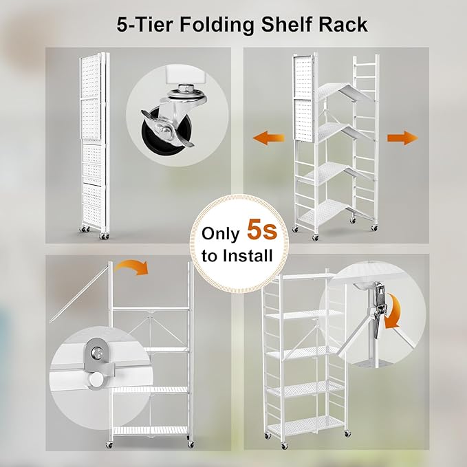 Himix Storage Shelves with 20 Hooks, 5-Tier Foldable Shelves for Storage, Collapsible Organization Rack Bookshelf 440 Ibs for Kitchen Garage Home Room, White - No Assembly