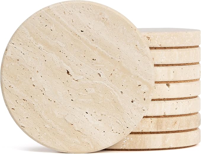 Travertine Coasters Set of 8, 4 Inch Round Heavy Duty Coasters for Drinks, Semi Absorbent Stone Coaster with Cork Back, Heat & Scratch Resistant Table Protection, Rustic Farmhouse Table Decor