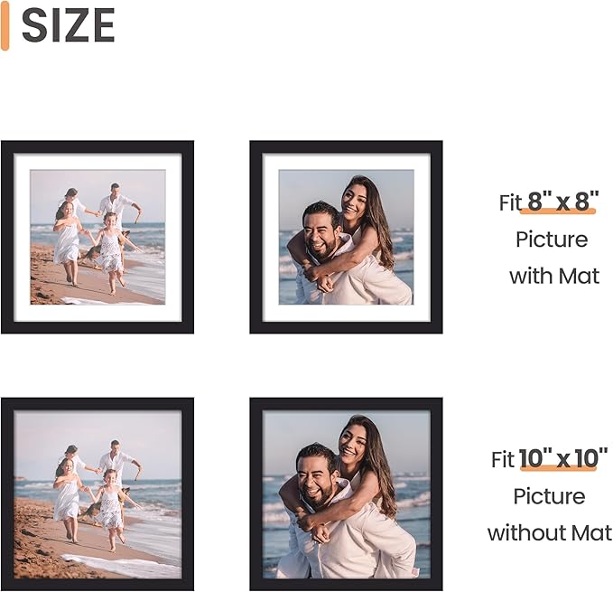 upsimples 10x10 Picture Frame, Display Pictures 8x8 with Mat or 10 x 10 Without, Wall Hanging Square Frames, Black, 1 Pack