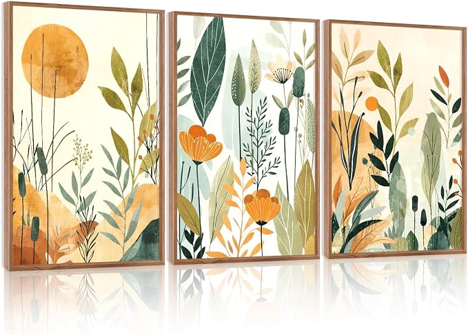 CHDITB Boho Botanical Framed Canvas Wall Art Set, Minimalist Nature Plant Wall Decor, Abstract Sun and Wildflower Painting, Neutral Green Plant Art Prints for Living Room Bedroom Kitchen 16"x24"x3