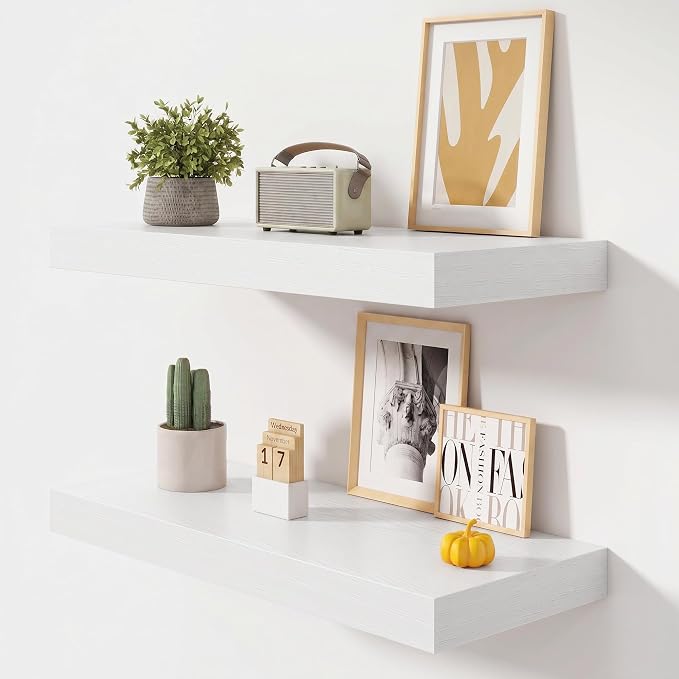 FLYJOE 32 Inch Floating Shelves, 12 Inch Deep Floating Shelves Set of 2, 32''W x 12''D White Wood Shelves for Wall, Bathroom Available, Engineered Wood, Mounting Hardware Included
