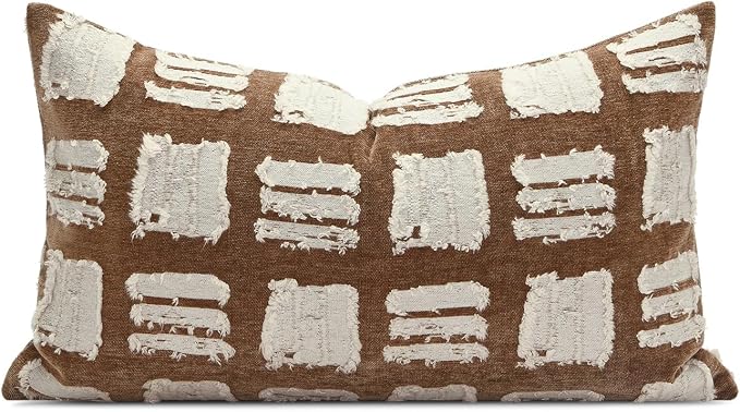 Boho Lumbar Pillow Covers 12x20, Brown White Abstract Grid Pillows Cushion Cover, Farmhouse Decorative Pillowcase for Sofa Couch Bedroom