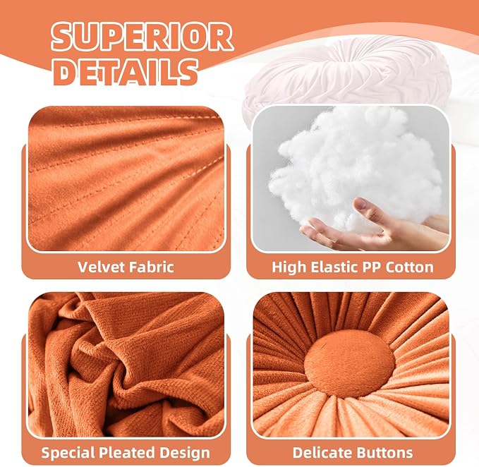 Teieas 2 Pcs Round Throw Pillows Pleated Velvet Pumpkin Round Pillows Floor Cushion for Living Room Couch Chair Bed Sofa 15.7"x15.7"/13.8" x 13.8" (Beige)