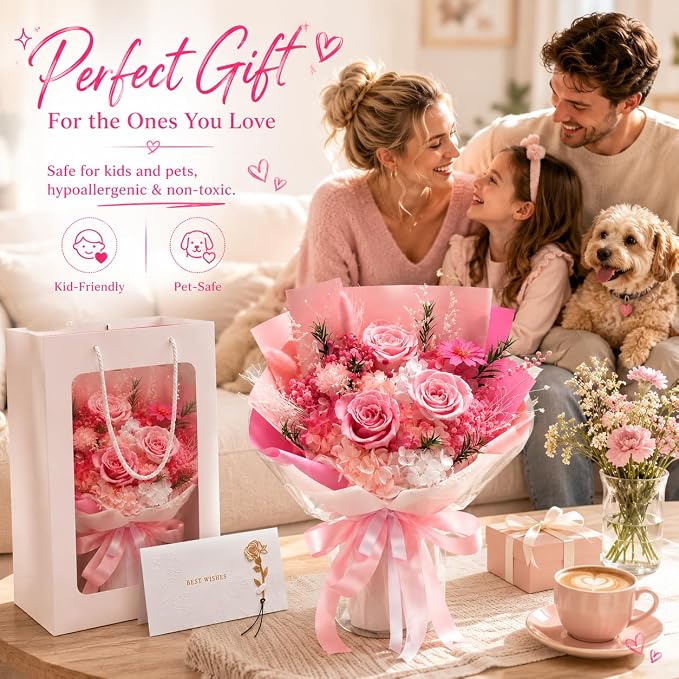 Preserved Pink Rose Bouquet, 100% Real Flowers for Women Mother Wife, Long-Lasting Eternal Roses with Gift Box, Forever Flowers for Anniversary Birthday Mother's Day, Lasts 3-5 Years