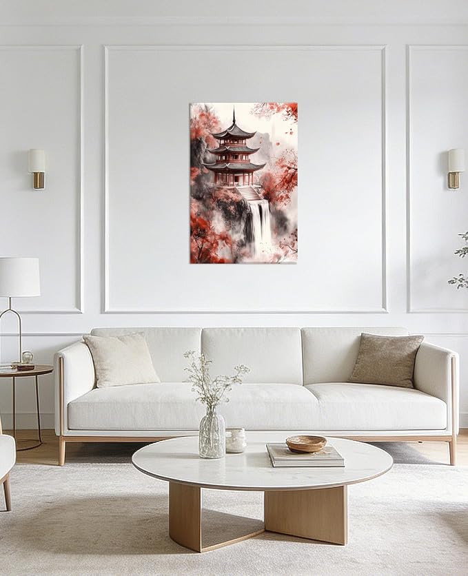 KPLUNDO Large Japanese Canvas Wall Art Red Decor Landscape Picture Pagodas Waterfall Paintings Prints Asian Artwork for Living Room Bathroom Home Office Decoration, 28x42 inch