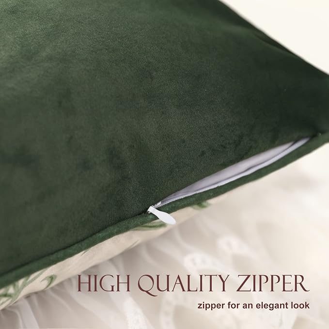 patdrea Designer Vintage Velvet Throw Pillow Cover,Set of 4,-Botticelli | Elegant Lumbar Ruffle Pillow Case with Zipper,Green Floral Pattern,Decor Cushion Coverfor Couch Living Room Bedroom Sofa
