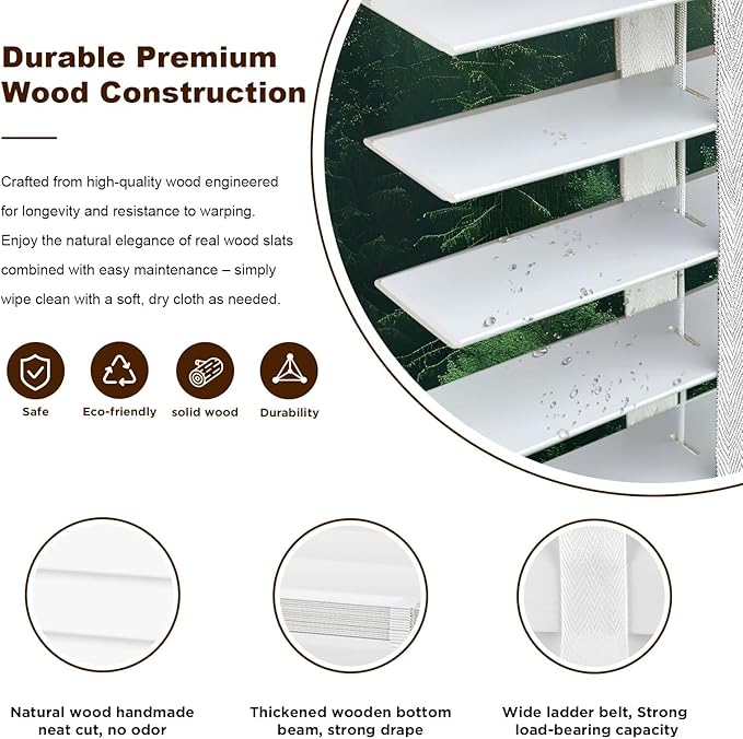 2" Cordless Real Wood Blinds for Indoor Windows, White, 31" W x 72" H | Horizontal Venetian Blinds with Tilt Wand, Light Filtering, Privacy Control, Easy Installation for Bedroom, Living Room