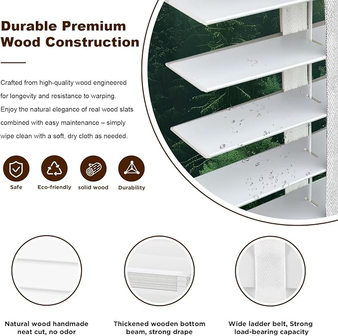 2" Cordless Real Wood Blinds for Indoor Windows, White, 35" W x 48" H | Horizontal Venetian Blinds with Tilt Wand, Light Filtering, Privacy Control, Easy Installation for Bedroom, Living Room