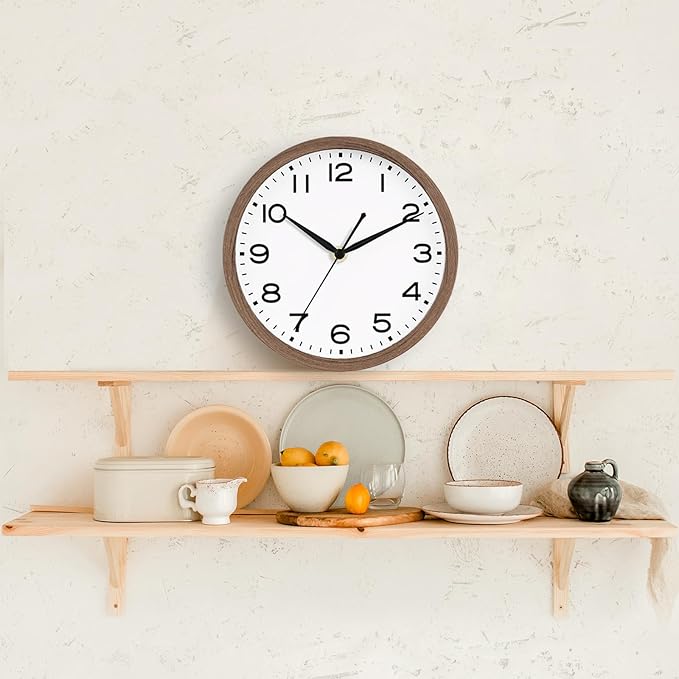 AKCISOT Wall Clock, Modern Small Wall Clocks Battery Operated 10 Inch, Silent Non-Ticking Analog Classic for Office, Home, Bathroom, Kitchen, Bedroom, School(Walnut Grain)