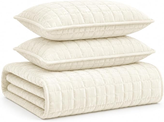 Tribeca Living Luxury Velvet Quilt Queen Size Set - 260GSM Ultra-Soft Oversized Velvet Bedspread Comforter Set with 2 Shams, in Florence Ivory